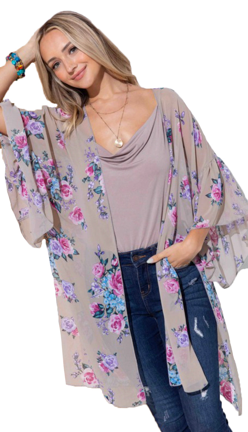 Light And Airy Floral Kimono- Ivory Blue