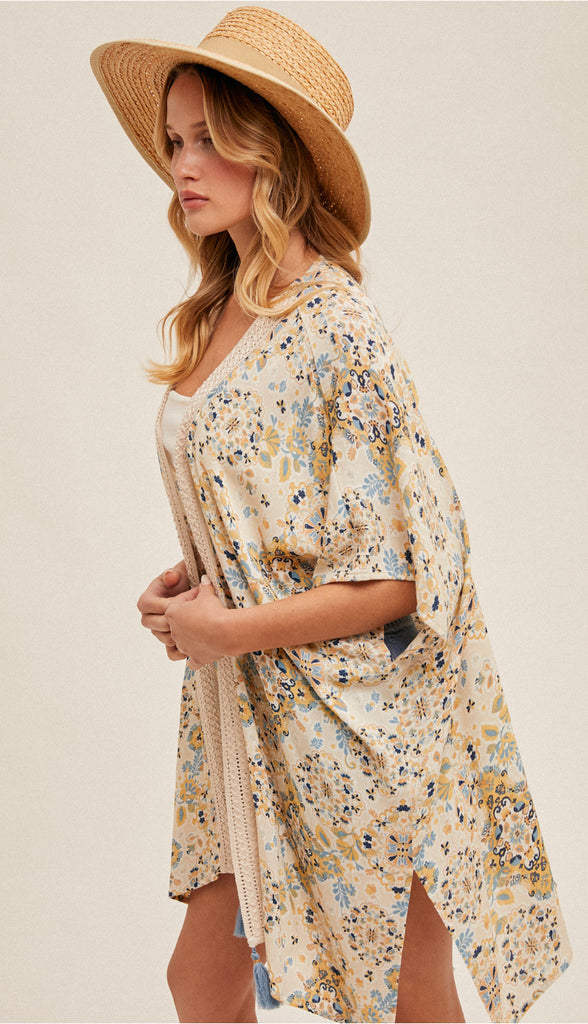 Mosaic Crochet Trim Kimono- Taupe