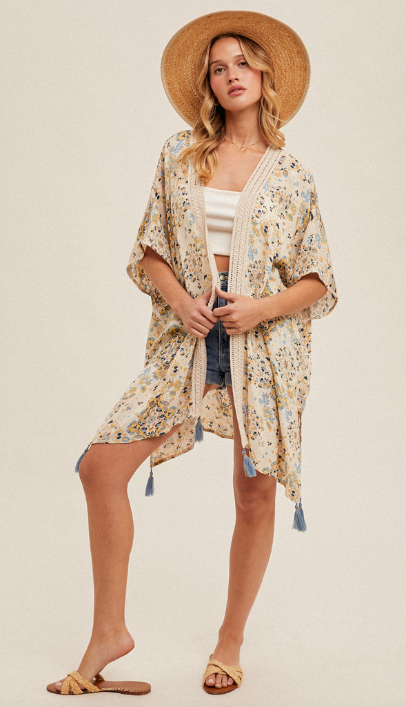 Mosaic Crochet Trim Kimono- Taupe