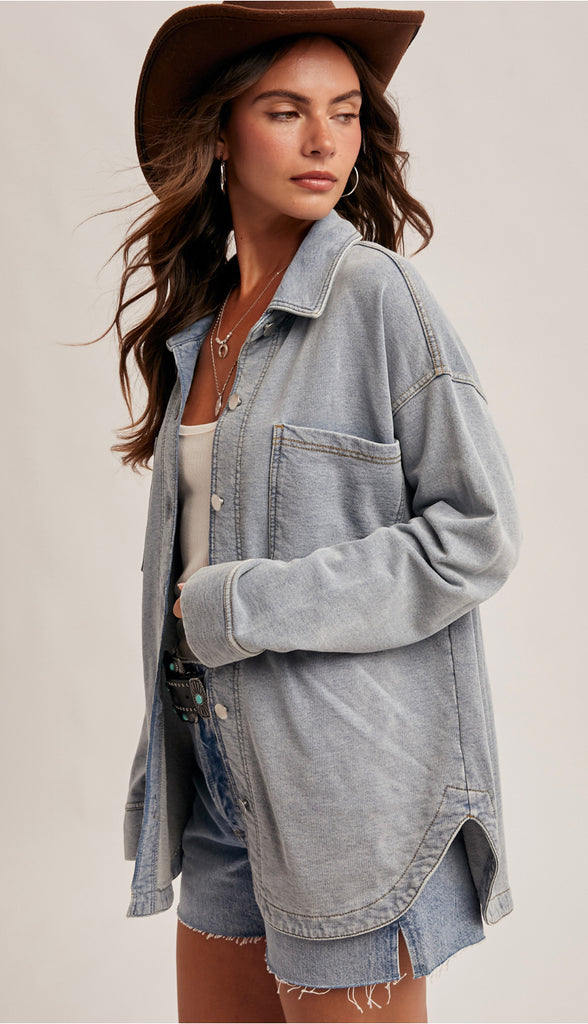 Tia Soft Knit Denim Shacket- Denim