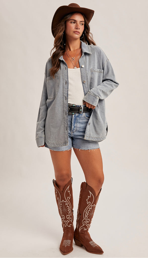 Tia Soft Knit Denim Shacket- Denim