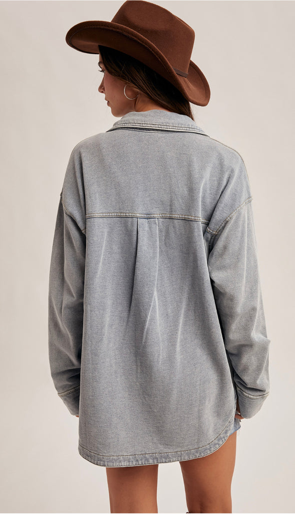 Tia Soft Knit Denim Shacket- Denim