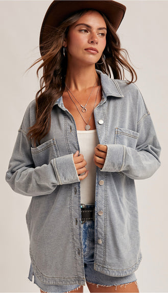 Tia Soft Knit Denim Shacket- Denim