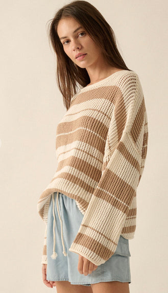 Keene Oversized Stipe Knit Sweater- Cream/Sand