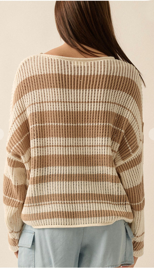 Keene Oversized Stipe Knit Sweater- Cream/Sand