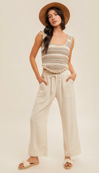 Eyelet Embroidery Detail Pants- Natural