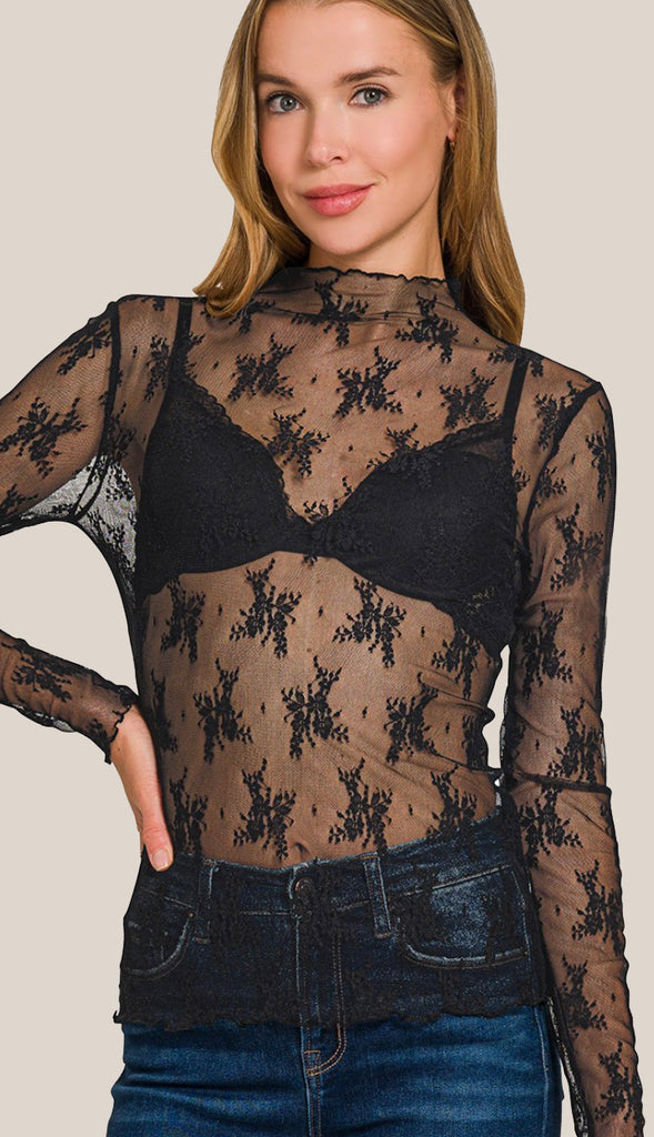 Mesh And Lace Layering Top- Black