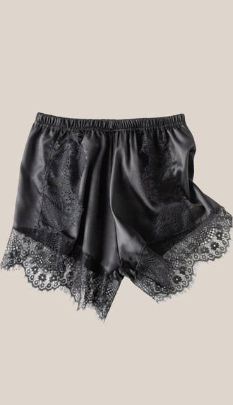 Satin Lace Trim Shorts- Black