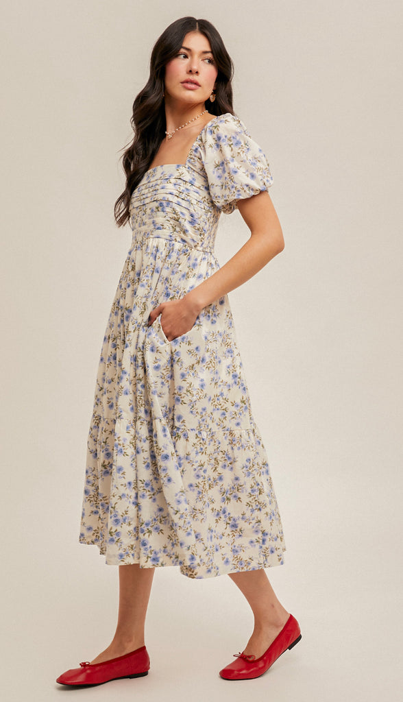 Living In A Dream Bubble Sleeve Floral Midi Dress- Cream/Lavender