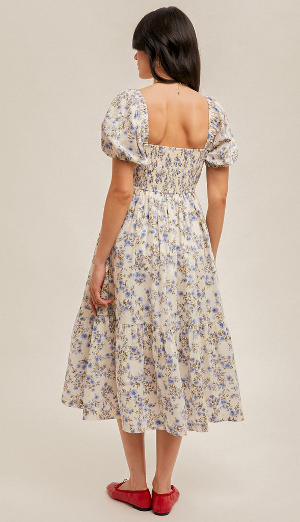 Living In A Dream Bubble Sleeve Floral Midi Dress- Cream/Lavender