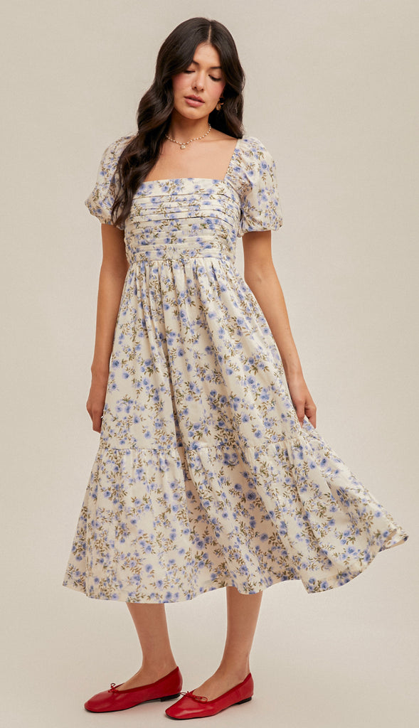 Living In A Dream Bubble Sleeve Floral Midi Dress- Cream/Lavender