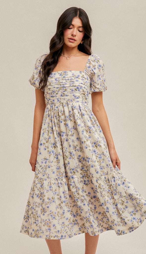 Living In A Dream Bubble Sleeve Floral Midi Dress- Cream/Lavender