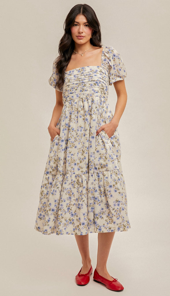 Living In A Dream Bubble Sleeve Floral Midi Dress- Cream/Lavender
