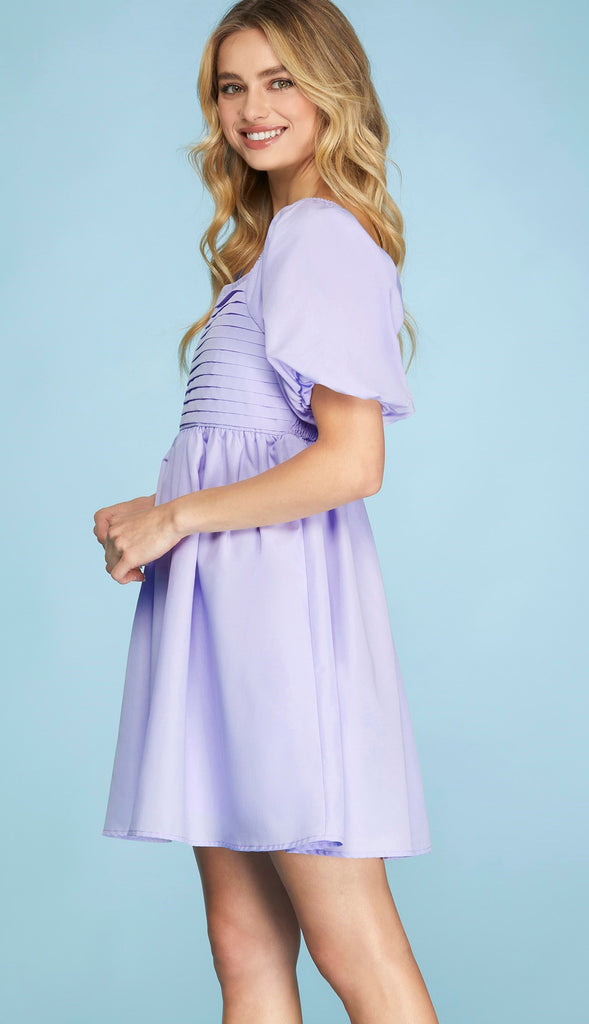 Lively Bubble Sleeve Square Front Dress- Lavender