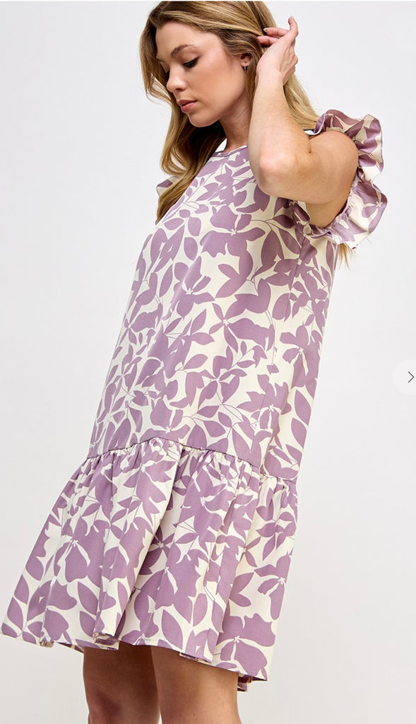 Girls Girl Print Ruffle Trim Dress- Lavender