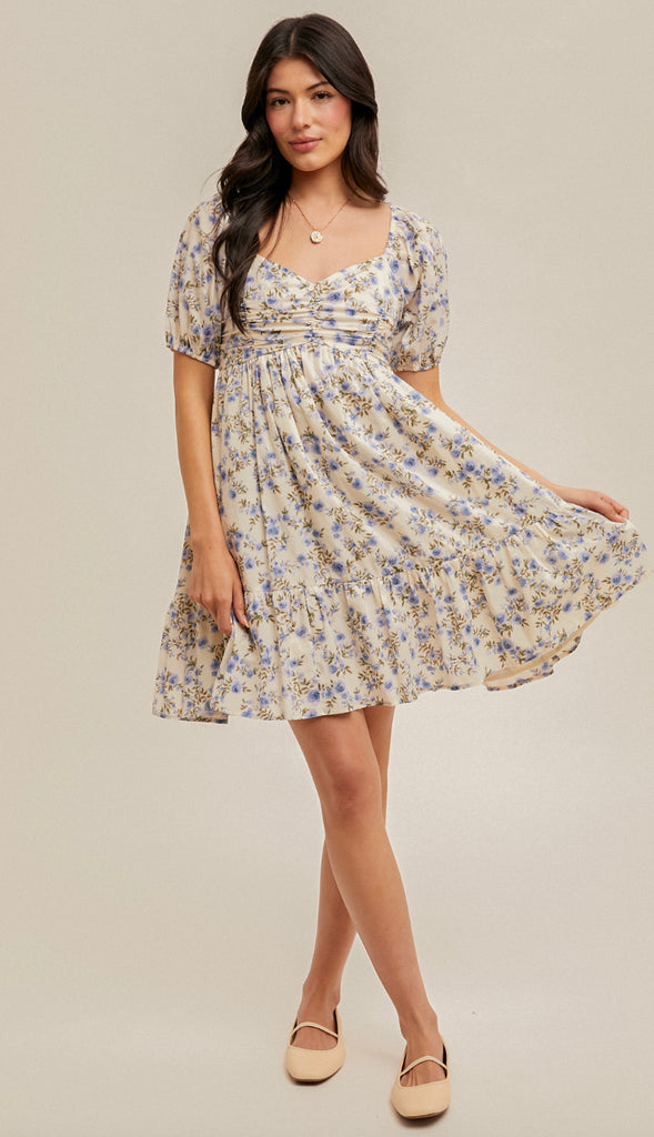 Living In A Dream Bubble Sleeve Floral Dress- Cream/Lavender