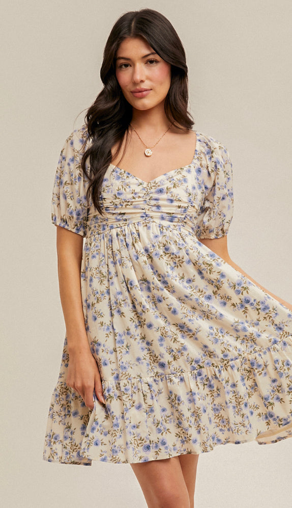Living In A Dream Bubble Sleeve Floral Dress- Cream/Lavender