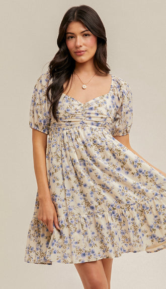 Living In A Dream Bubble Sleeve Floral Dress- Cream/Lavender