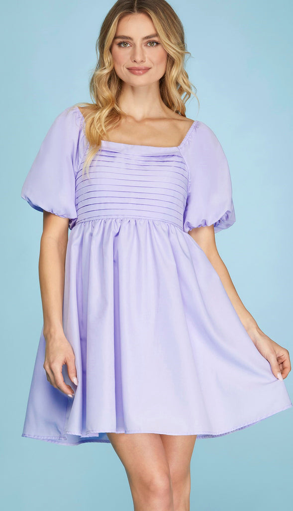 Lively Bubble Sleeve Square Front Dress- Lavender