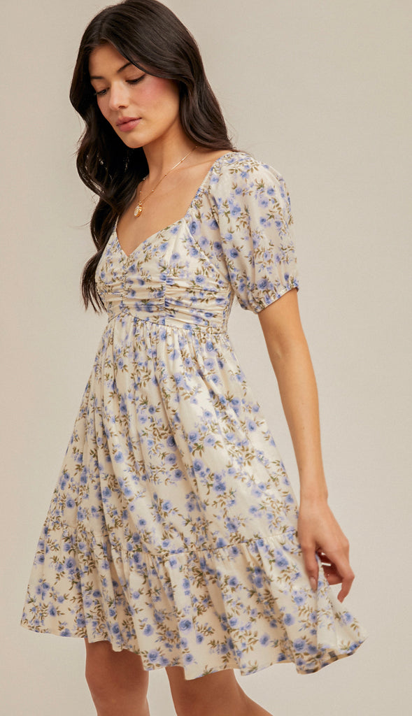 Living In A Dream Bubble Sleeve Floral Dress- Cream/Lavender