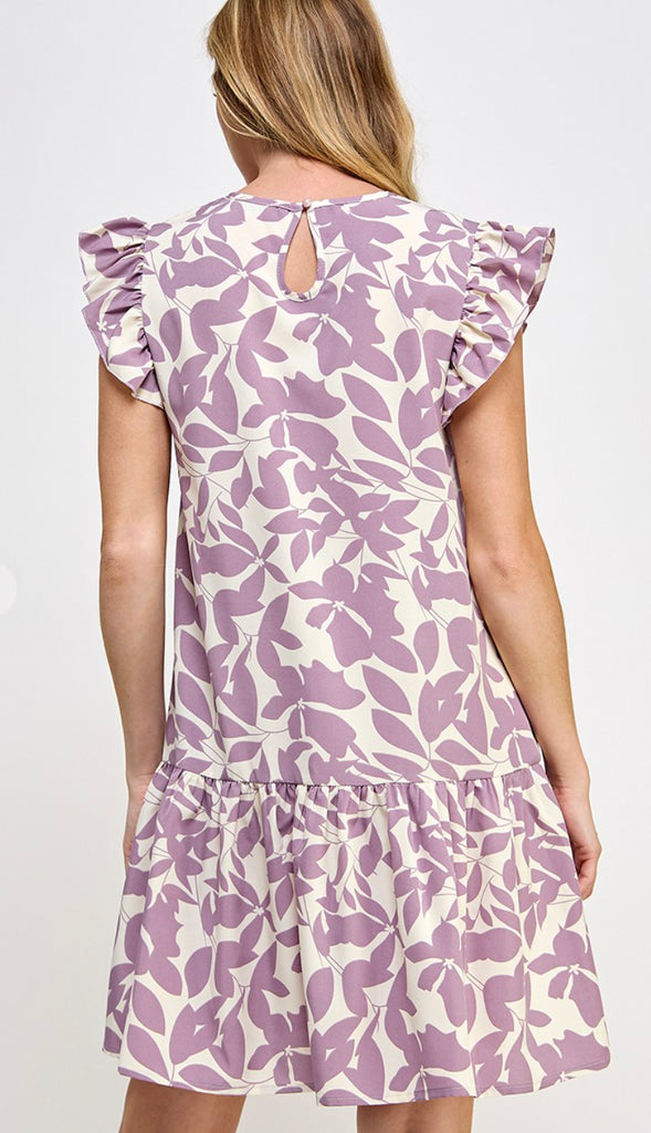 Girls Girl Print Ruffle Trim Dress- Lavender