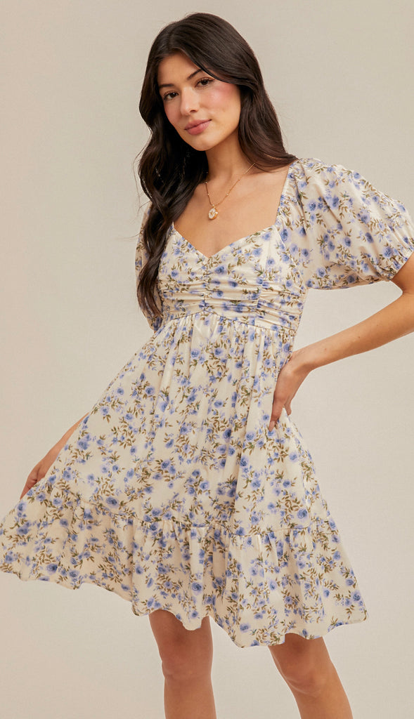 Living In A Dream Bubble Sleeve Floral Dress- Cream/Lavender