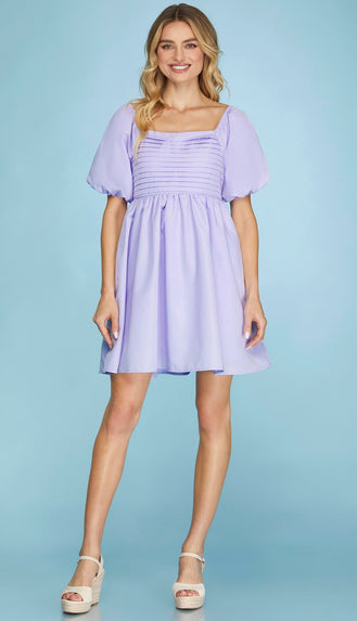Lively Bubble Sleeve Square Front Dress- Lavender
