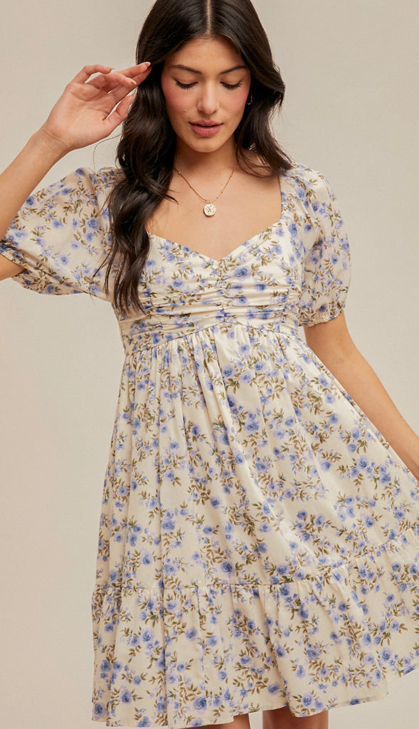Living In A Dream Bubble Sleeve Floral Dress- Cream/Lavender
