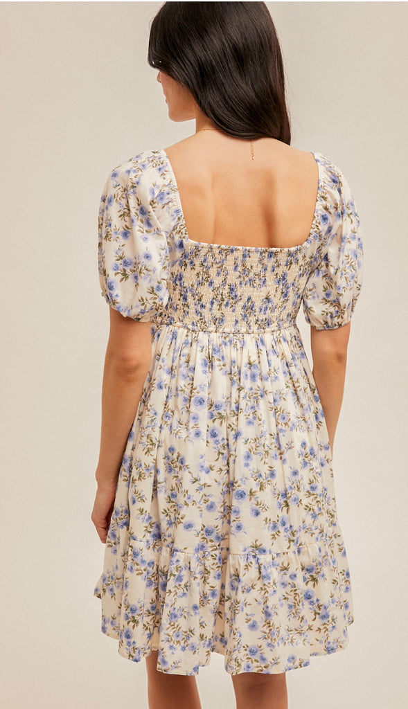 Living In A Dream Bubble Sleeve Floral Dress- Cream/Lavender