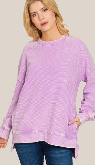 Acid Washed Double Ribbed Sweatshirt- Lavender