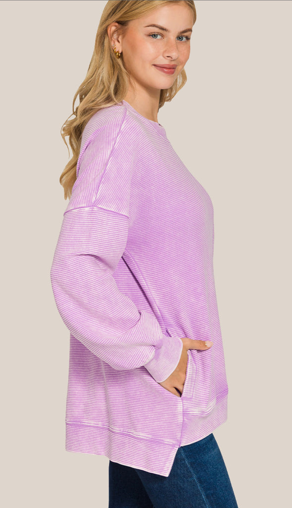 Acid Washed Double Ribbed Sweatshirt- Lavender
