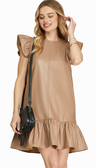 Jessa Faux Leather Dress- Mocha