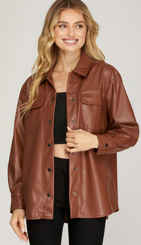 Jena Faux Leather Button Down Shirt- Espresso