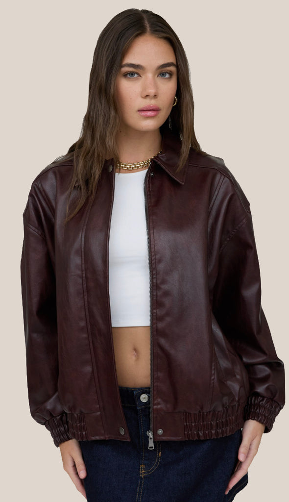 Jett Faux Leather Zip Up Bomber Jacket- Burgundy