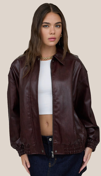 Jett Faux Leather Zip Up Bomber Jacket- Burgundy