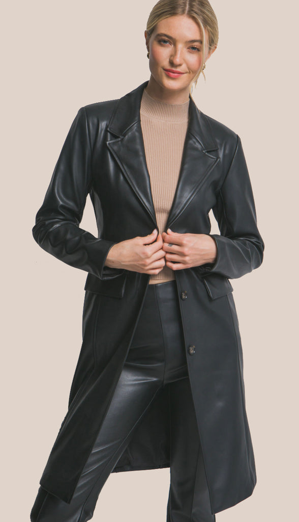Edgy Chic Faux Leather Longline Coat- Black