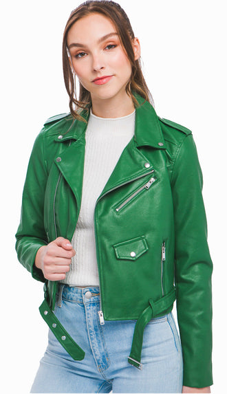 Mila Leather Moto Jacket- Kelly Green