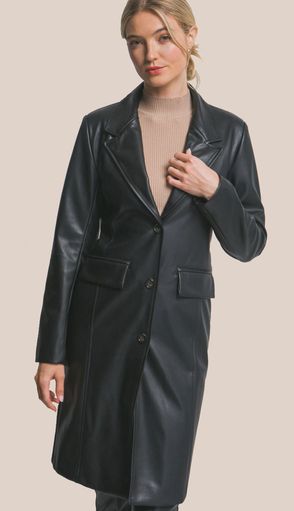 Edgy Chic Faux Leather Longline Coat- Black