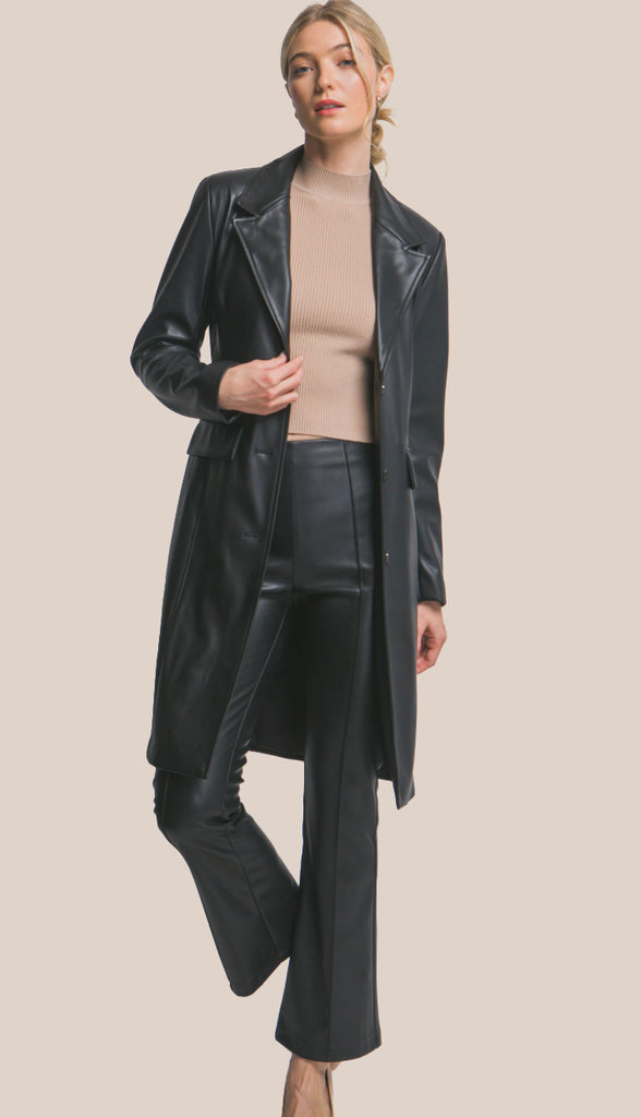 Edgy Chic Faux Leather Longline Coat- Black