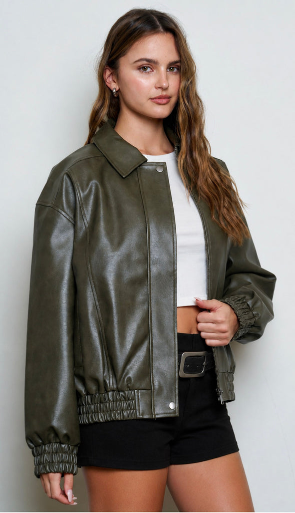 Jett Faux Leather Zip Up Bomber Jacket- Olive