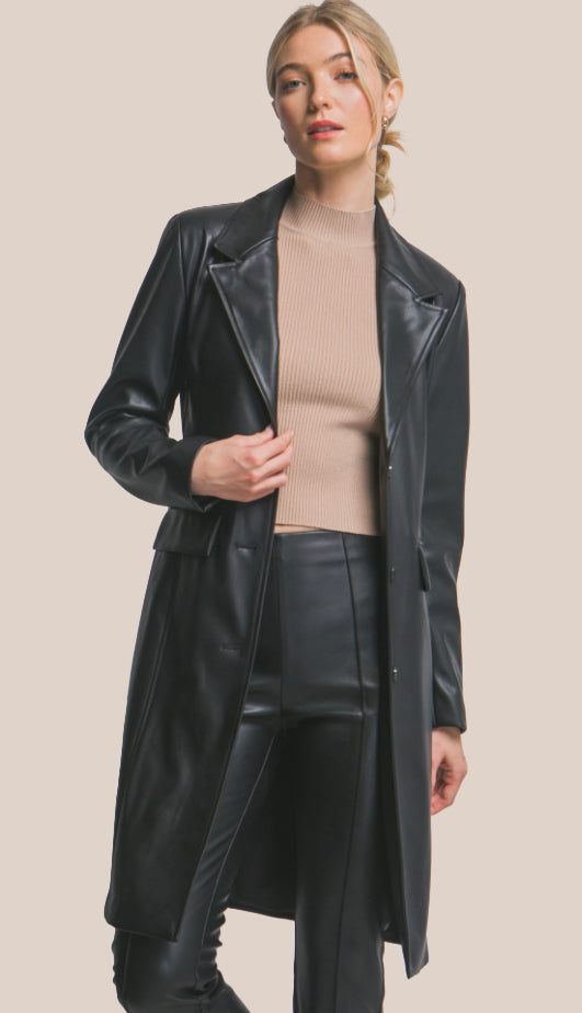 Edgy Chic Faux Leather Longline Coat- Black