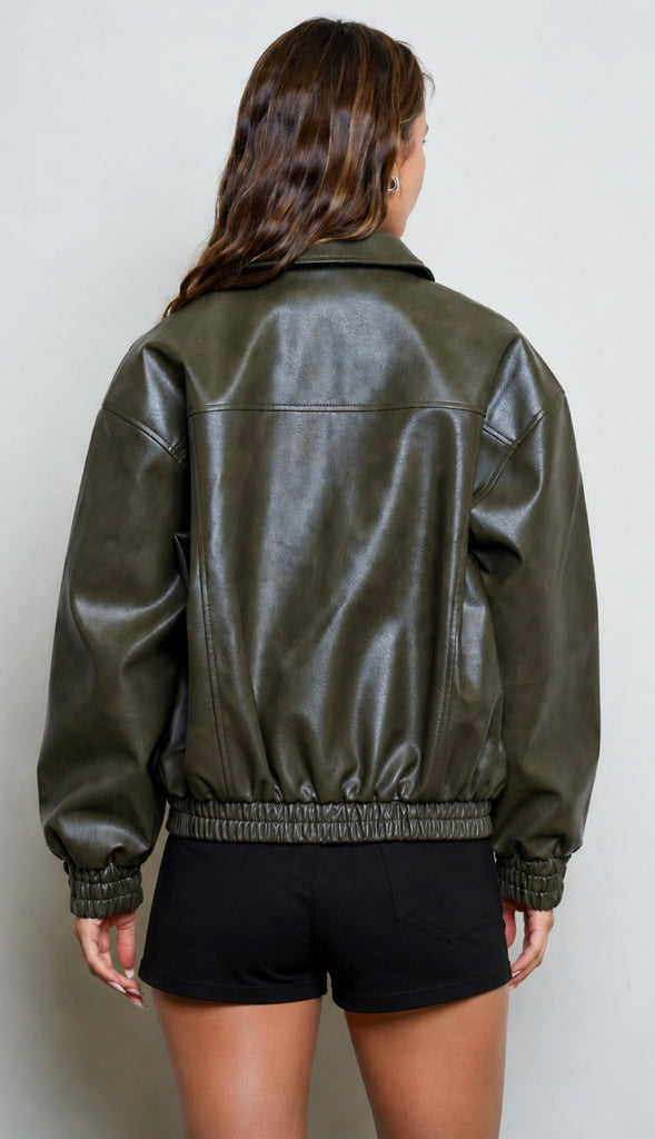Jett Faux Leather Zip Up Bomber Jacket- Burgundy