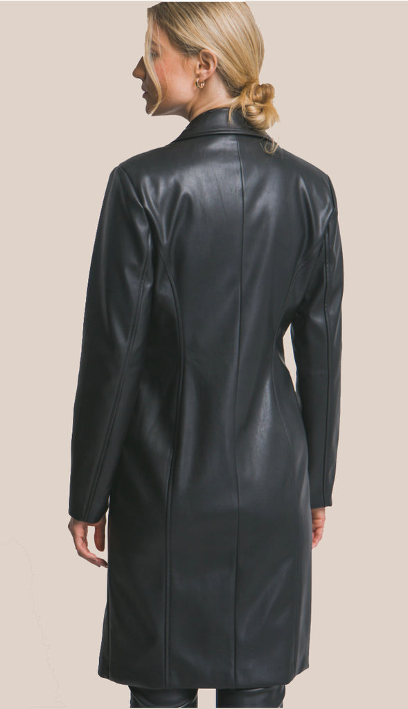 Edgy Chic Faux Leather Longline Coat- Black