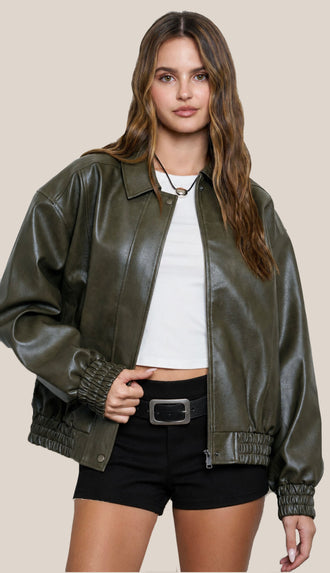 Jett Faux Leather Zip Up Bomber Jacket- Olive