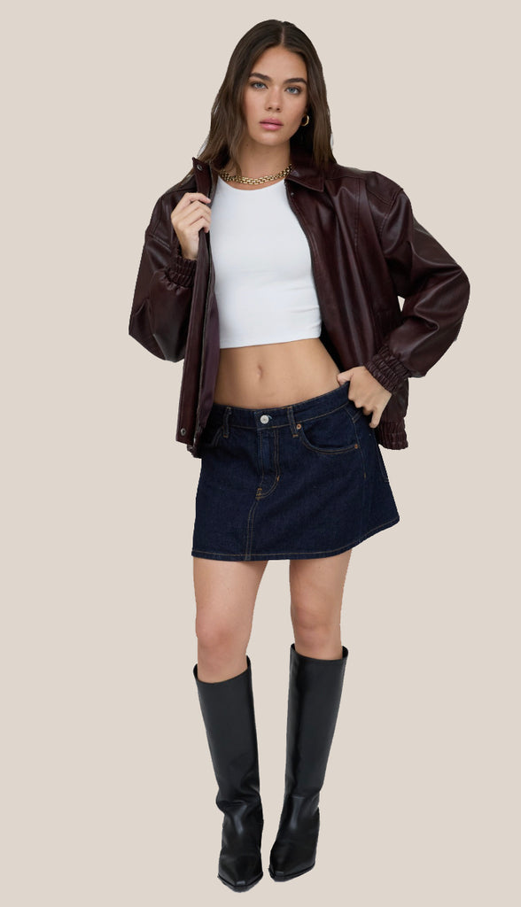 Jett Faux Leather Zip Up Bomber Jacket- Burgundy