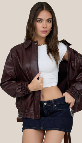 Jett Faux Leather Zip Up Bomber Jacket- Burgundy