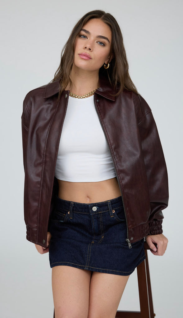 Jett Faux Leather Zip Up Bomber Jacket- Olive
