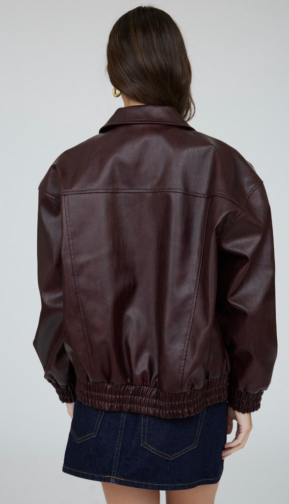 Jett Faux Leather Zip Up Bomber Jacket- Burgundy