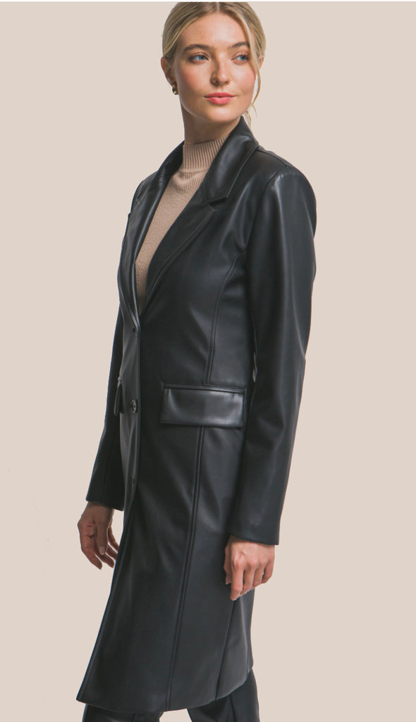 Edgy Chic Faux Leather Longline Coat- Black