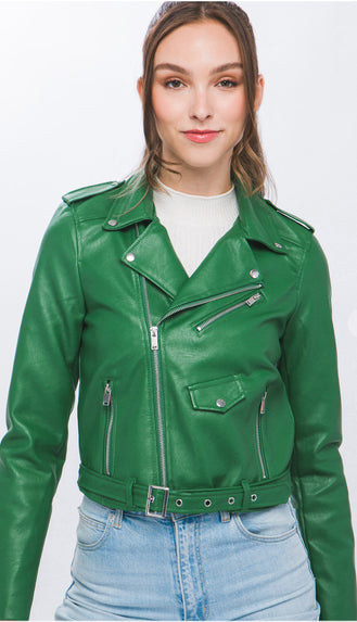 Mila Leather Moto Jacket- Kelly Green